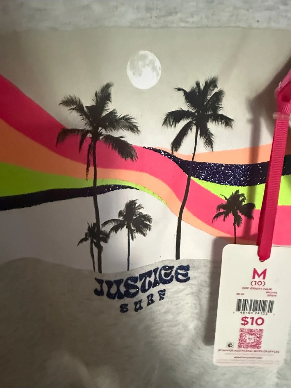 Justice Girls' Gray Tank Top with Neon Surf Graphic